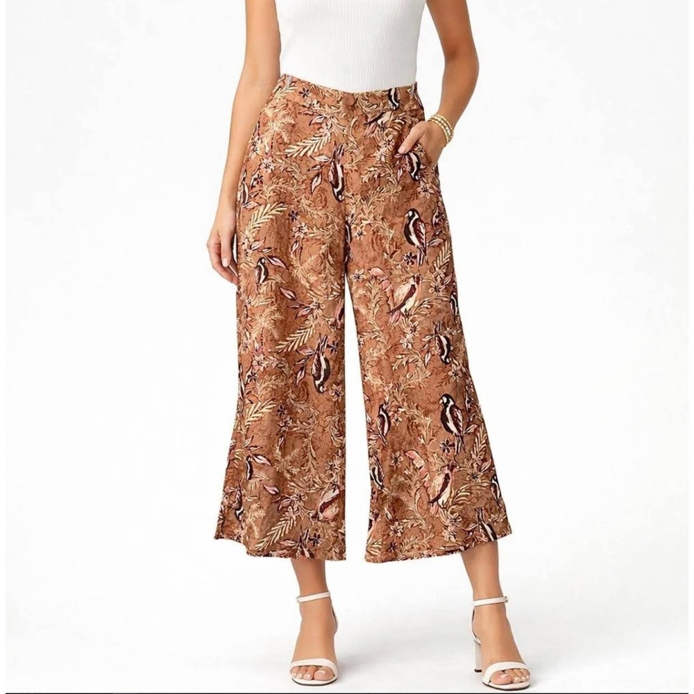 Tahari Linen Floral Bird Cropped Wide Leg Pants Tropical Coastal Size Large